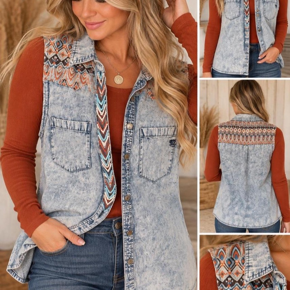 Miss Me Embellished Acid Wash Denim Vest 🤎🧡